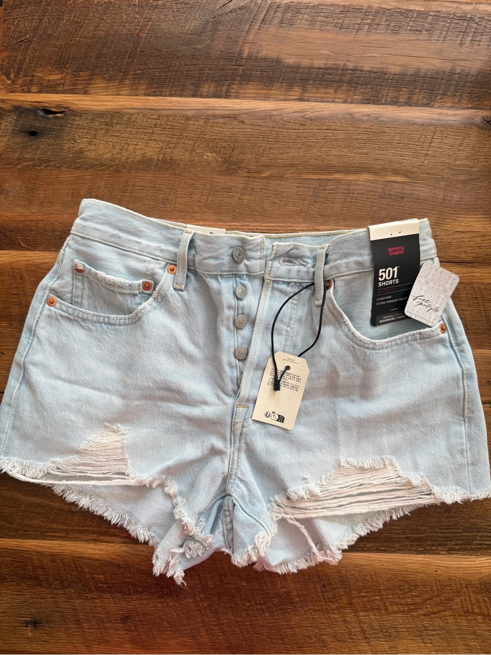 Levi's Light Blue 501 Button-Fly High Rise Distressed Denim Shorts (Free People)